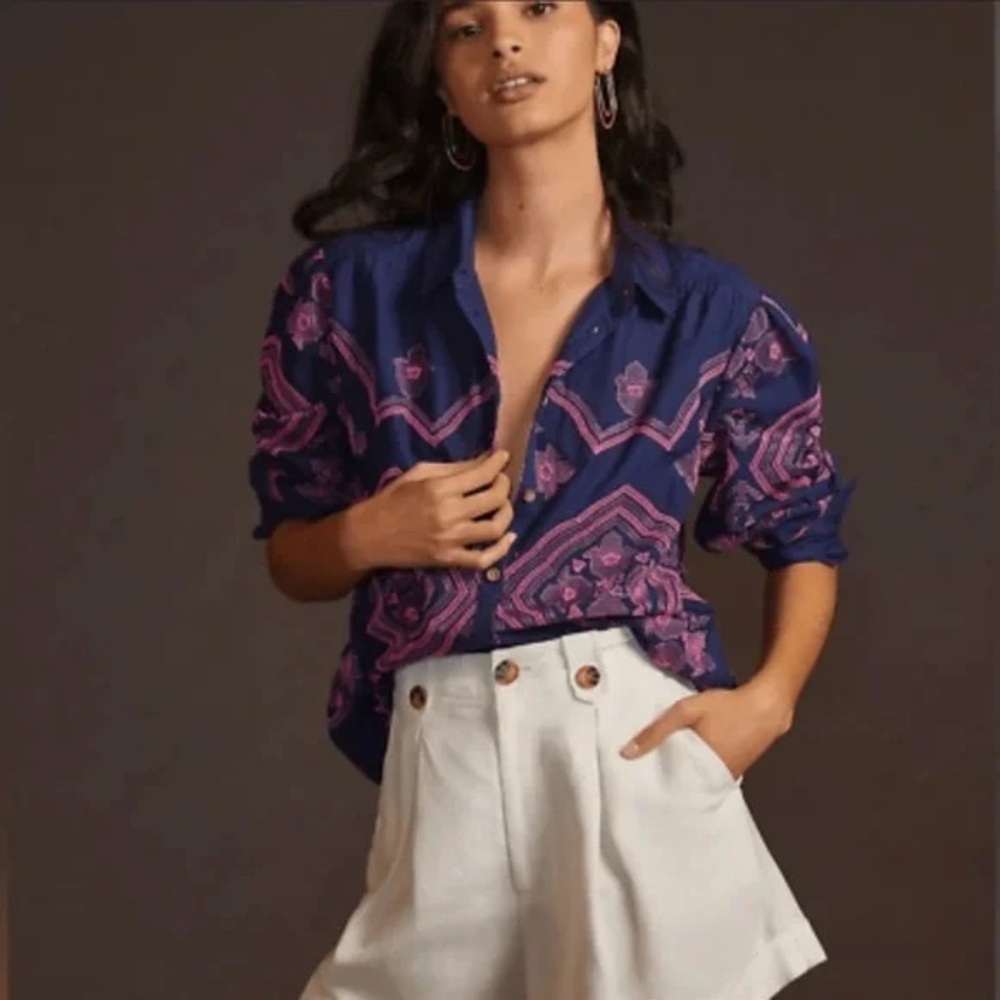 By Anthropologie Floral Embroidered Relaxed Fit Cotton Button Down Top XS